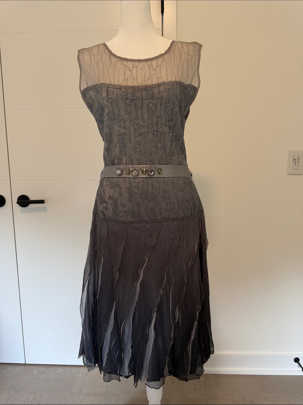 Komarov Gray Embroidered Sheer Yoke Midi Dress